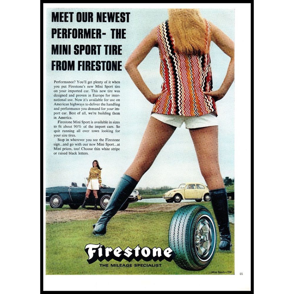 1971 Firestone Performer Tires Vintage Print Ad MG Roadster VW Beetle Legs Art
